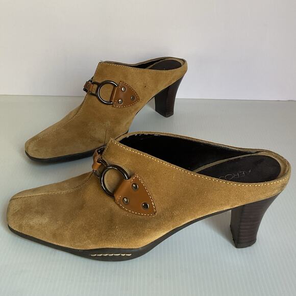Aerosoles Shoes - Aerosoles Women’s Suede Heeled Mules Size 9B Tan Brown Slip-On Comfort Clogs